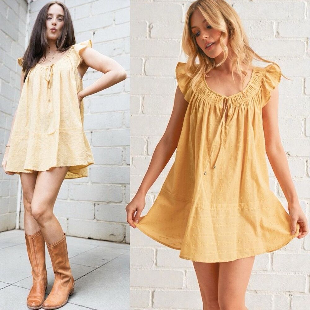 Yellow Tunic Mini Dress Ruffled Cap Sleeve Cotton NWT | Aemi+Co - Picture 2 of 14